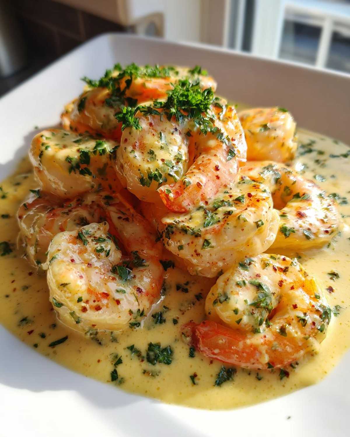 Plump shrimp coated in a rich, creamy parmesan sauce and topped with fresh parsley, showcasing the Garlic Butter Shrimp.