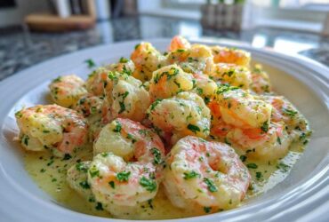 Close-up of plump shrimp coated in Garlic Butter Shrimp with Creamy Parmesan Sauce, garnished with parsley.