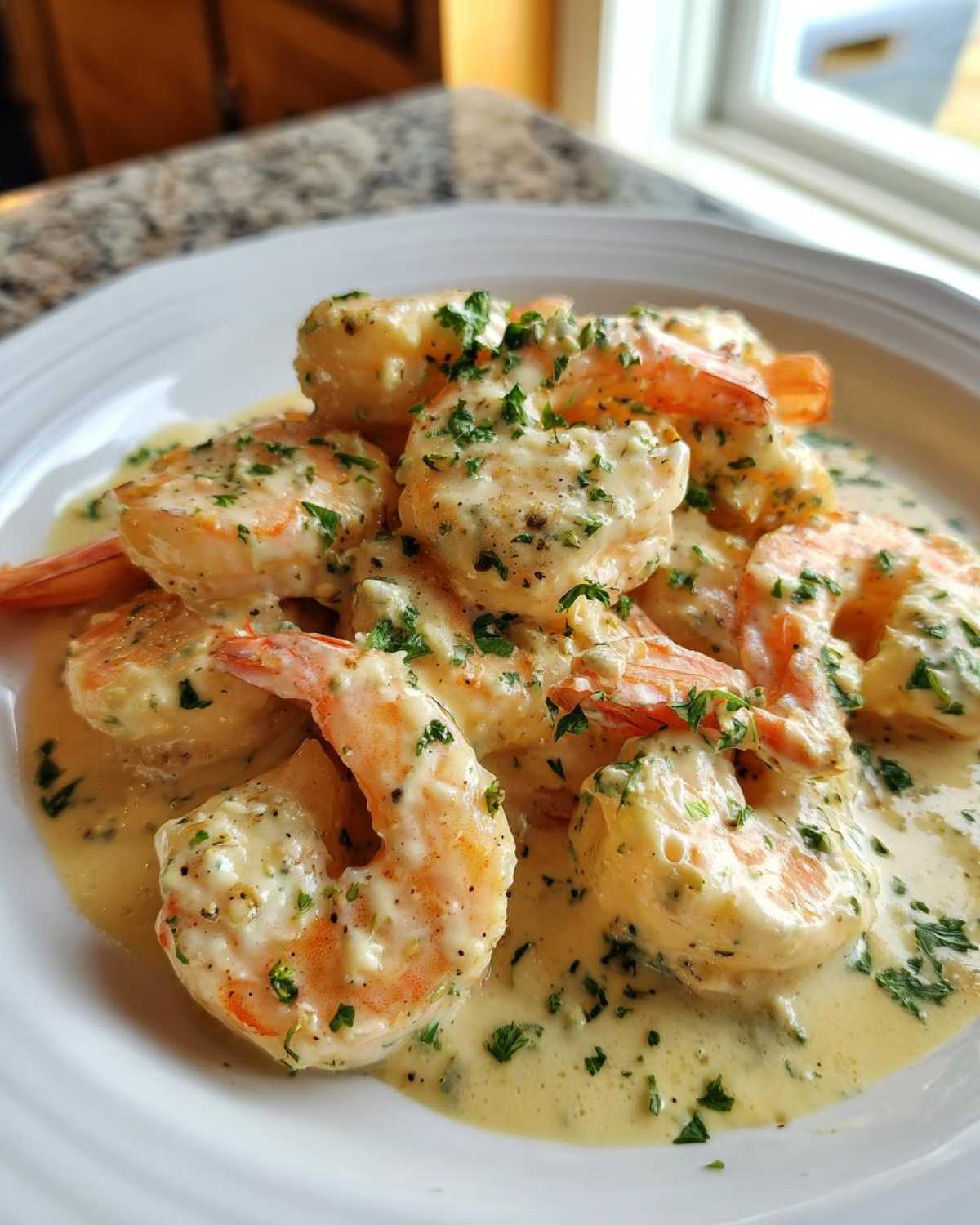 Plump shrimp coated in a rich Garlic Butter Shrimp with Creamy Parmesan Sauce, garnished with fresh parsley.