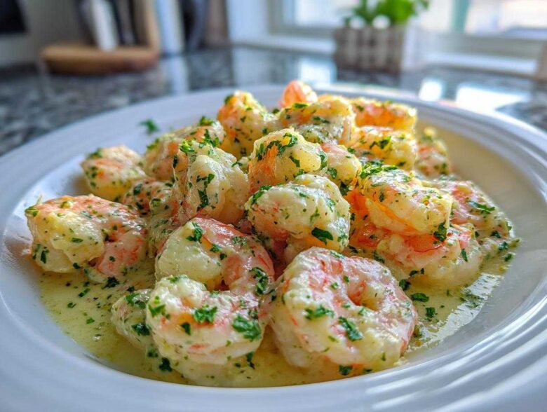 Close-up of plump shrimp coated in Garlic Butter Shrimp with Creamy Parmesan Sauce, garnished with parsley.