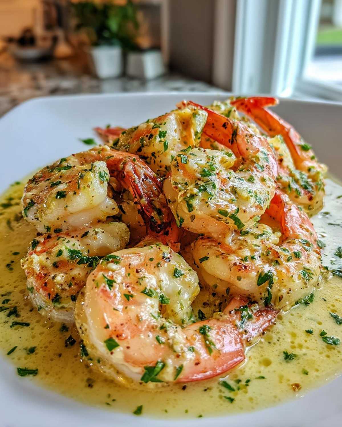 Close-up of plump shrimp coated in a rich Garlic Butter Shrimp with Creamy Parmesan Sauce, garnished with parsley.
