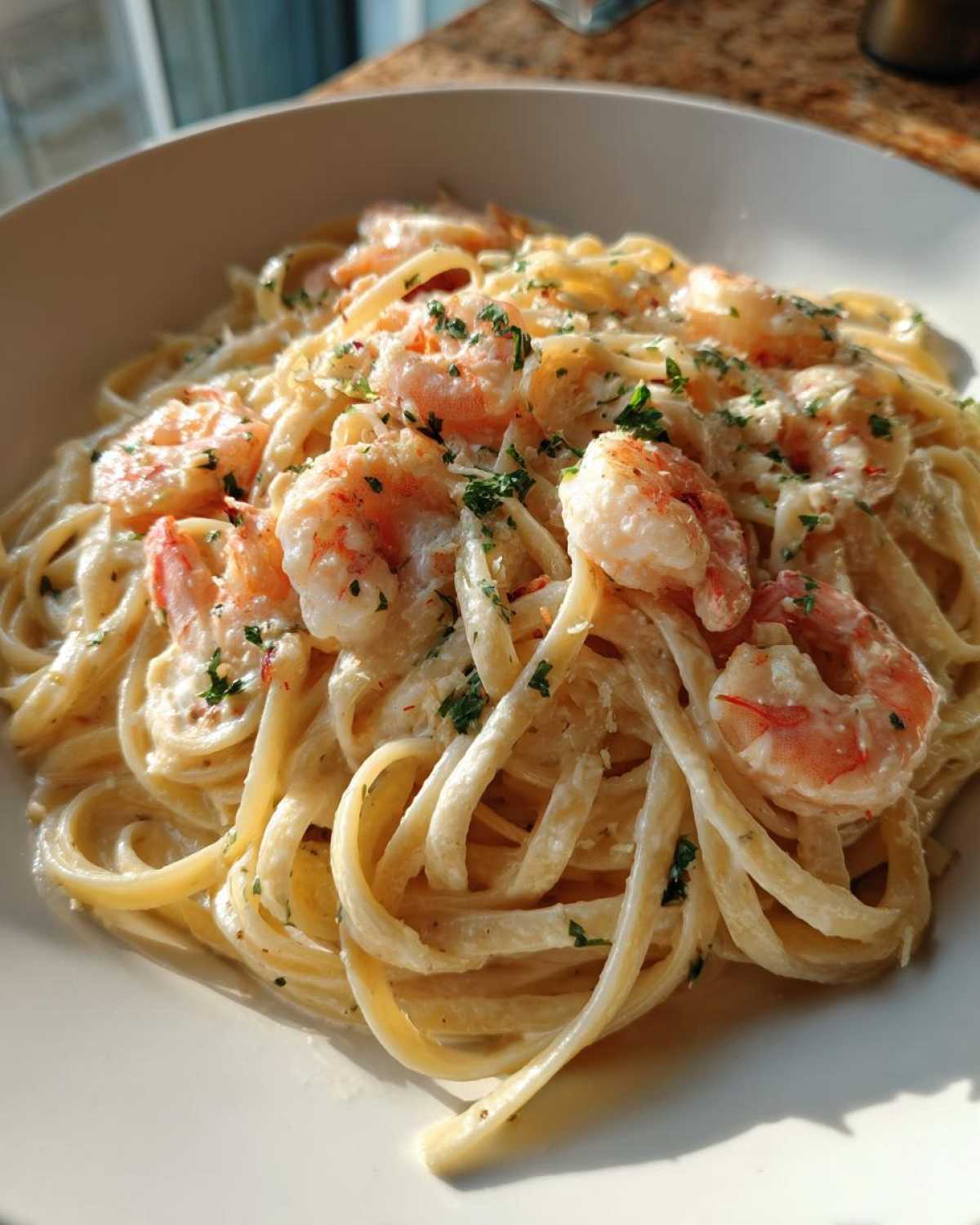 A close-up of rich Garlic Butter Shrimp Pasta with Cream Sauce, topped with pink shrimp and parsley.