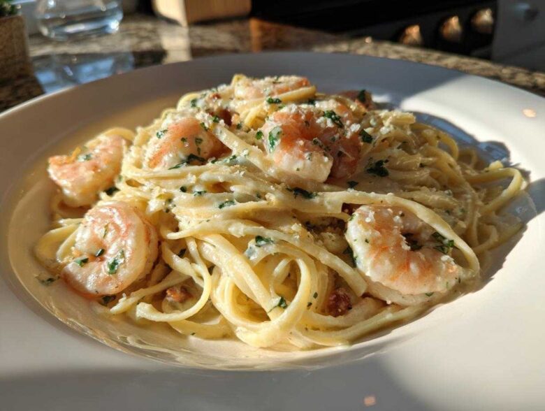 Close-up of a white bowl filled with Garlic Butter Shrimp Pasta with Cream Sauce, topped with parsley.