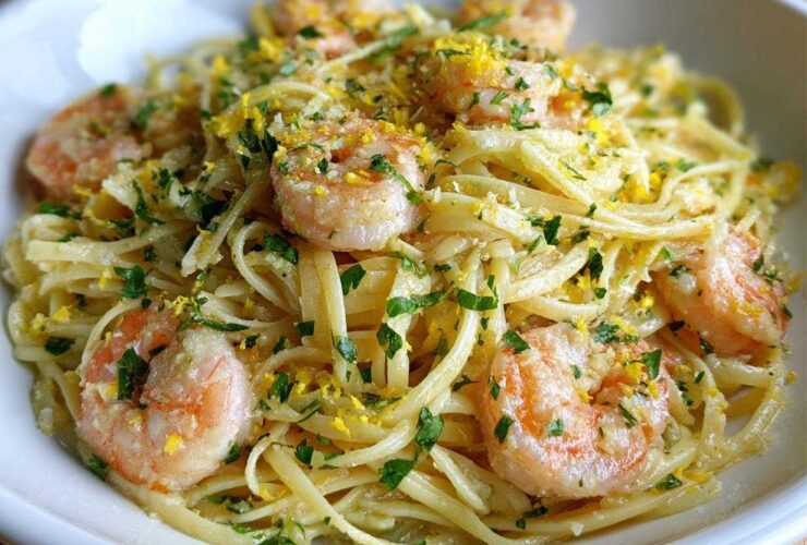 Close-up of Garlic Butter Shrimp Pasta with lemon zest and fresh parsley garnish.