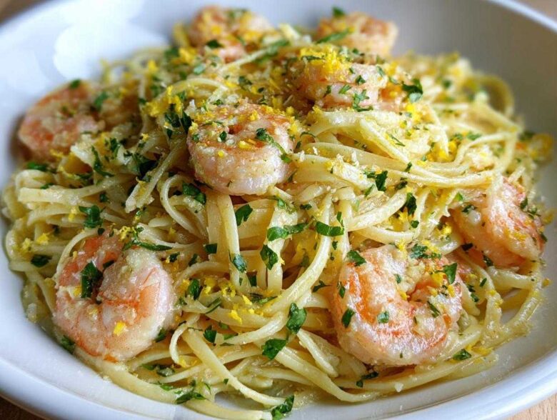 Close-up of Garlic Butter Shrimp Pasta with lemon zest and fresh parsley garnish.