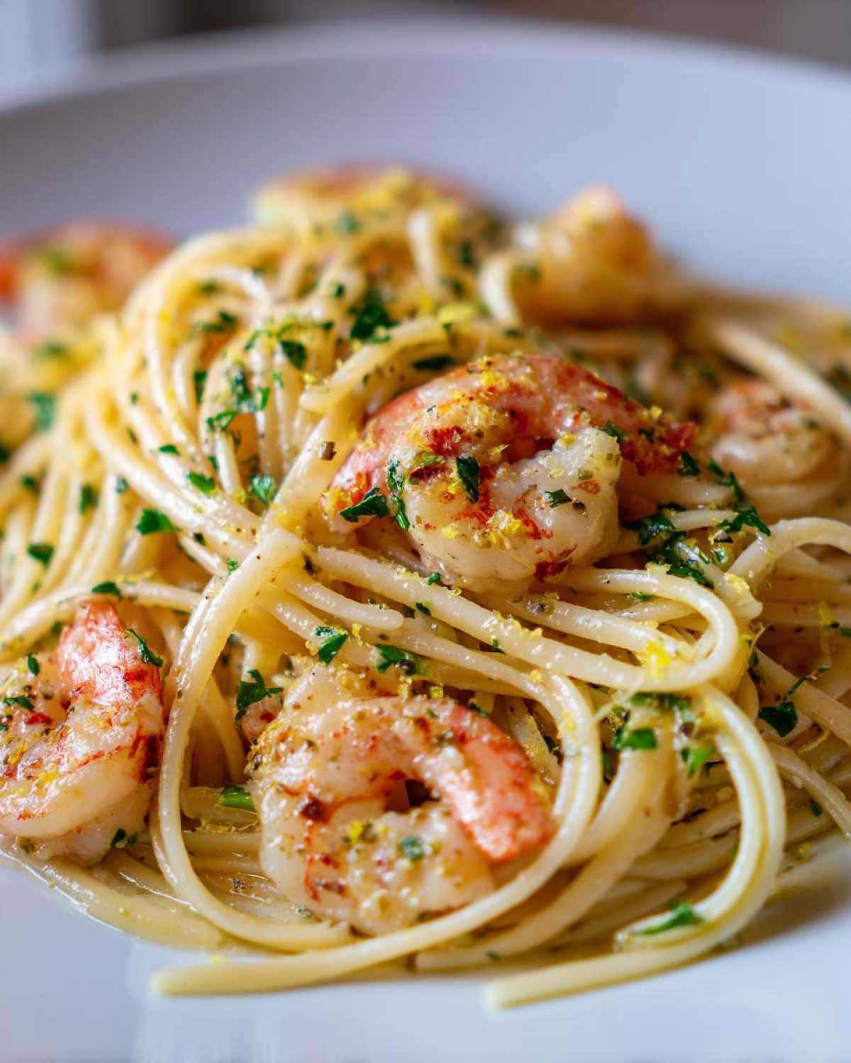 Close-up of a serving of Garlic Butter Shrimp Pasta with lemon flavor, featuring bright pink shrimp and fresh parsley.