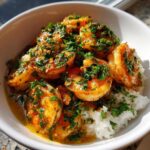 Close-up of a Garlic Butter Shrimp Rice Bowl featuring plump shrimp coated in sauce and fresh herbs over white rice.