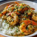 A close-up of a Garlic Butter Shrimp Rice Bowl, featuring plump shrimp coated in garlic butter sauce and fresh herbs over white rice.