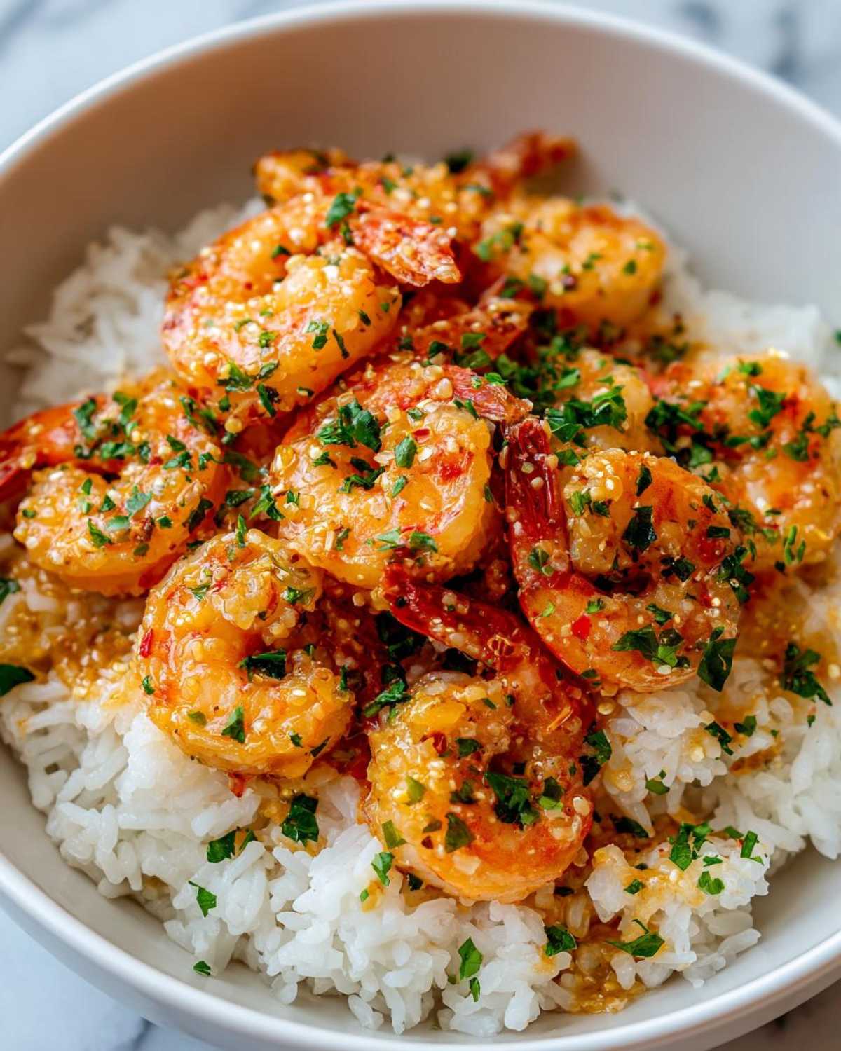 Close-up of a Garlic Butter Shrimp Rice Bowl featuring plump shrimp coated in sauce served over white rice and garnished with fresh herbs.