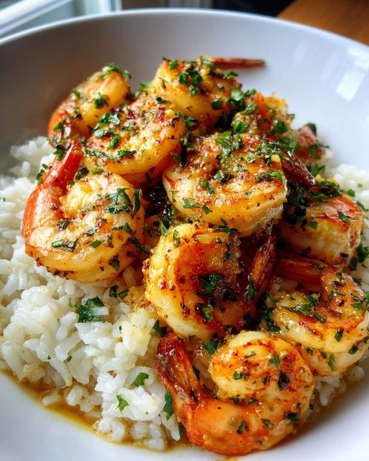 Close-up of Garlic Butter Shrimp Rice Bowl featuring plump, seasoned shrimp over white rice, topped with fresh herbs.
