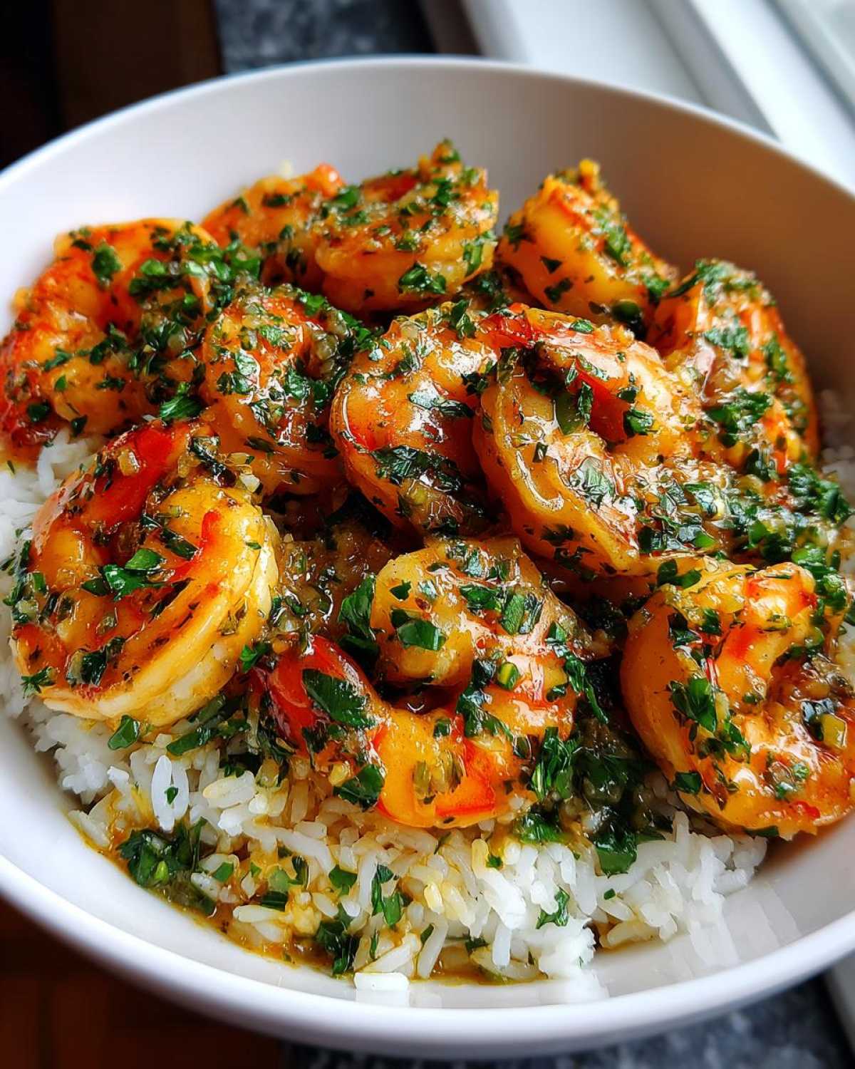 Close-up of juicy Garlic Butter Shrimp Rice Bowl topped generously with fresh green herbs.