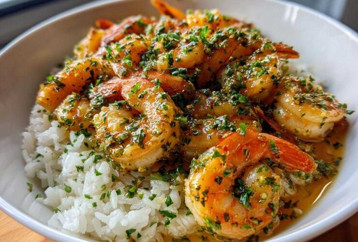A close-up of a Garlic Butter Shrimp Rice Bowl, featuring plump shrimp coated in garlic butter sauce and fresh herbs over white rice.
