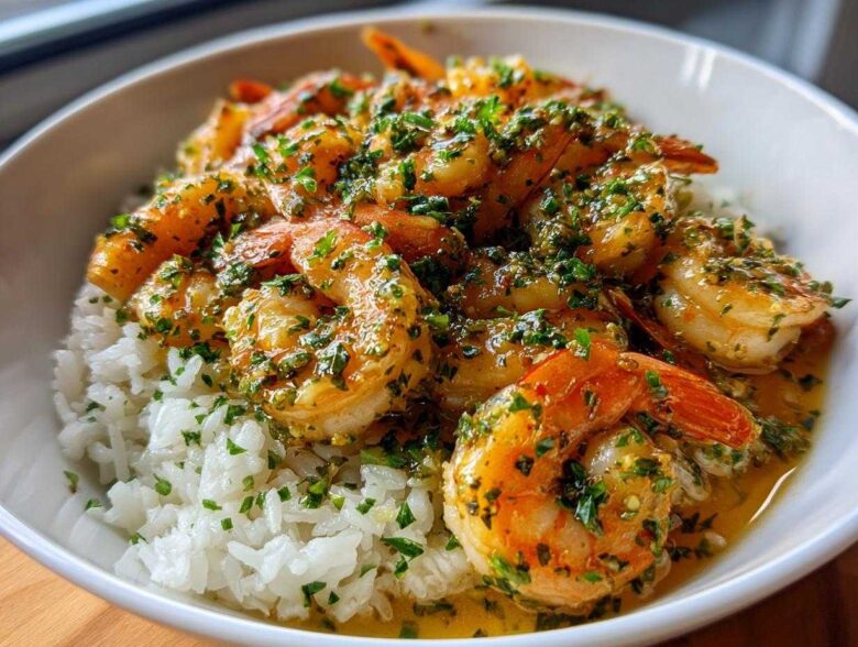 A close-up of a Garlic Butter Shrimp Rice Bowl, featuring plump shrimp coated in garlic butter sauce and fresh herbs over white rice.