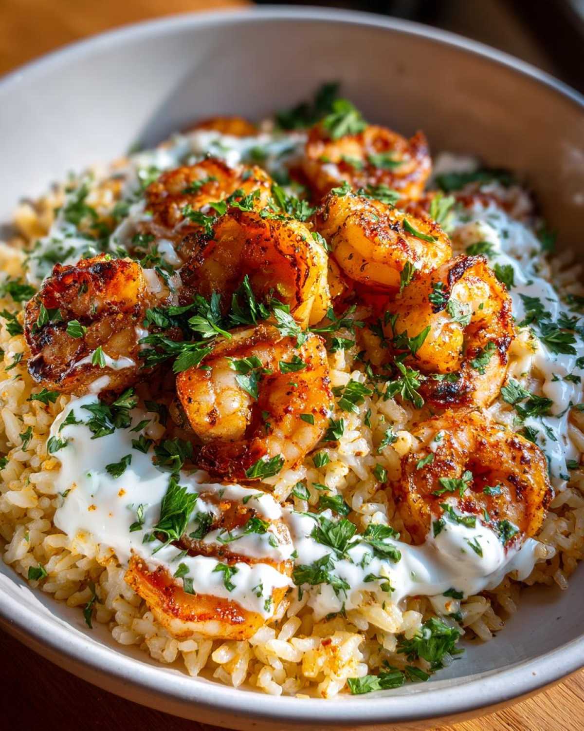 Close-up of a Garlic Butter Shrimp Rice Bowl topped with seared shrimp, white garlic sauce, and fresh parsley.