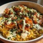 Close-up of a Garlic Butter Shrimp Rice Bowl topped with creamy garlic sauce and fresh parsley.