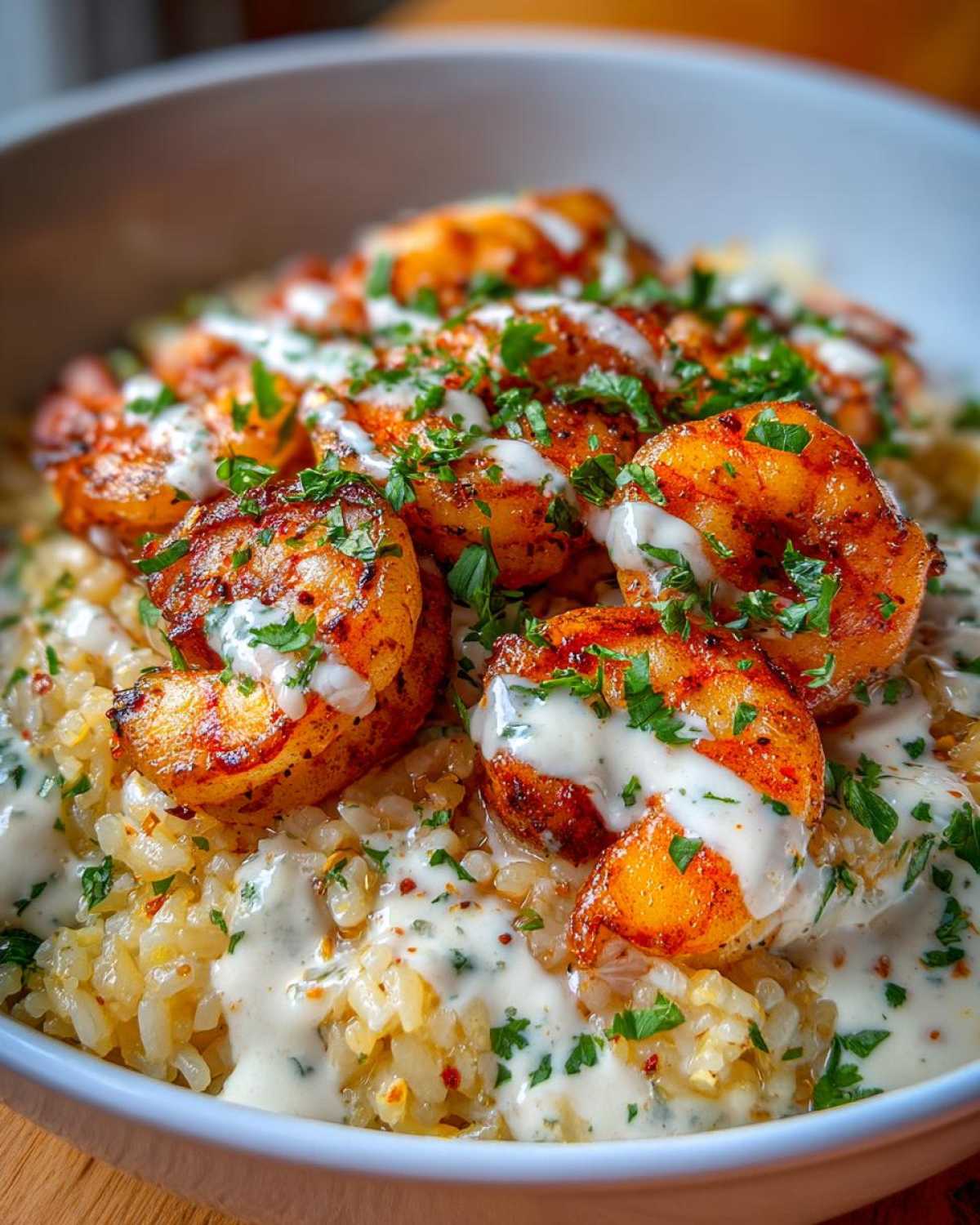 Close-up of a Garlic Butter Shrimp Rice Bowl topped with creamy garlic sauce and fresh parsley.