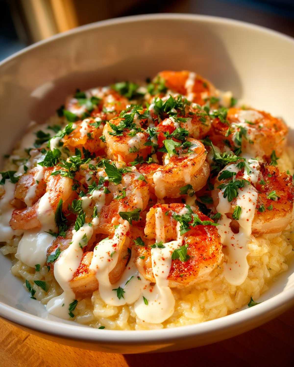 A close-up of a Garlic Butter Shrimp Rice Bowl topped with creamy white sauce and fresh parsley.