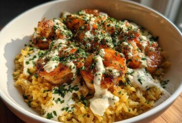 Close-up of a Garlic Butter Shrimp Rice Bowl topped with creamy garlic sauce and fresh parsley.