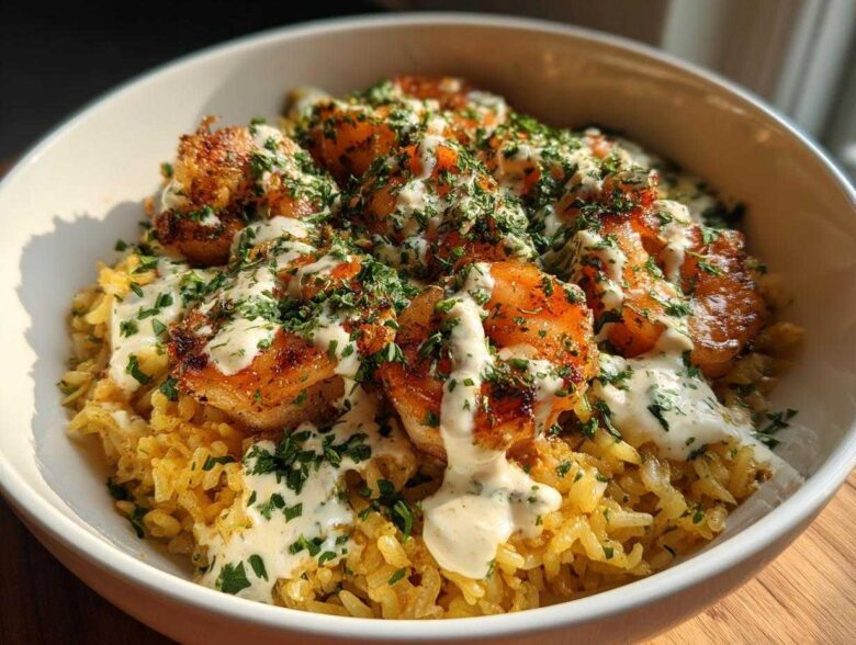 Close-up of a Garlic Butter Shrimp Rice Bowl topped with creamy garlic sauce and fresh parsley.