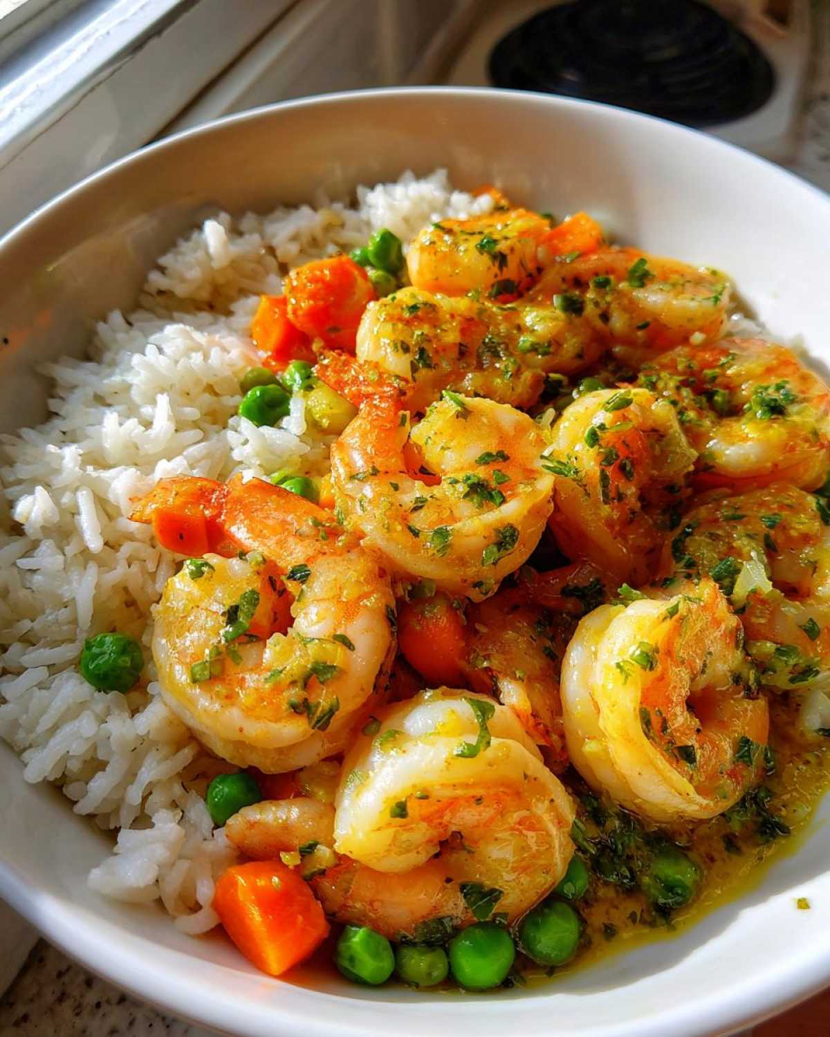 Close-up of Garlic Butter Shrimp with Rice, peas, and carrots in a white bowl.