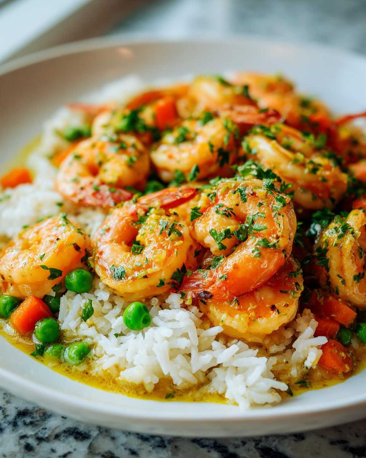 Close-up of vibrant Garlic Butter Shrimp served over white rice with peas and carrots, garnished with parsley.