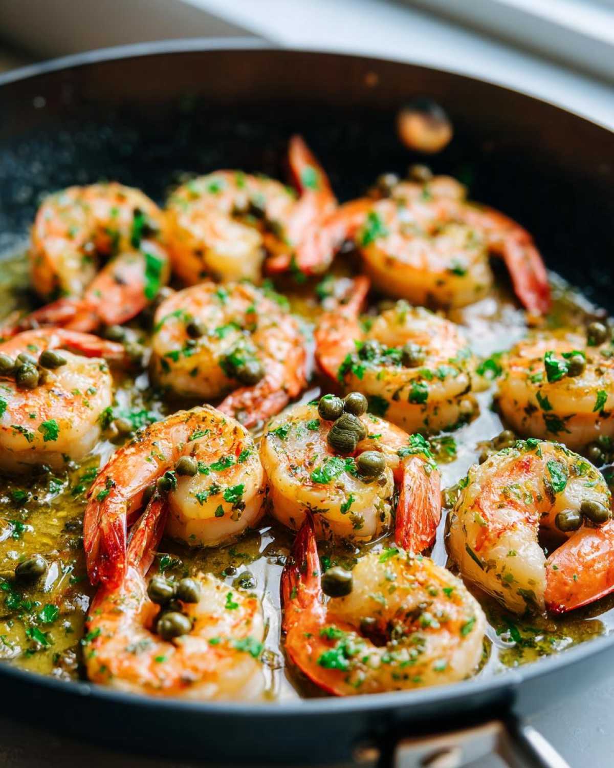 Plump shrimp cooking in a skillet with garlic butter sauce, garnished with parsley and capers for Garlic Butter Shrimp Skillet.