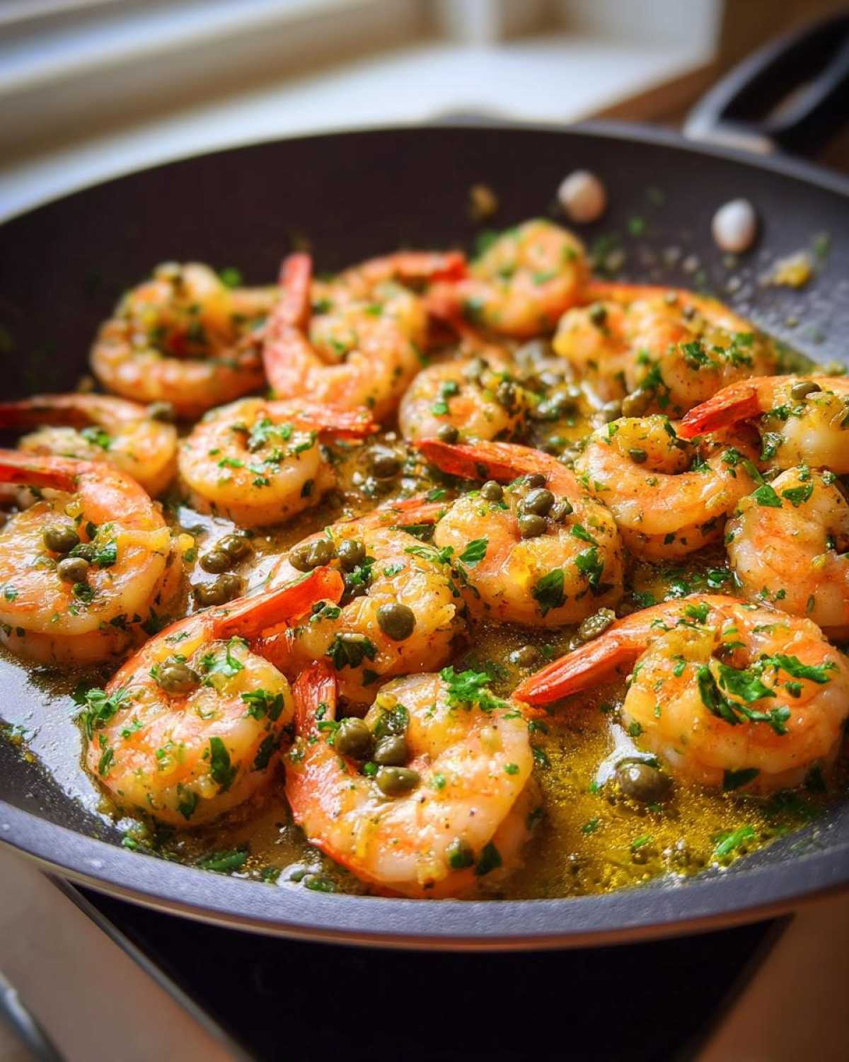 Close-up of succulent shrimp cooking in a skillet with garlic butter, lemon sauce, capers, and parsley.
