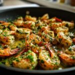 Close-up of plump shrimp sizzling in a skillet with garlic butter sauce, parsley, and capers, ready for Garlic Butter Shrimp Skillet.