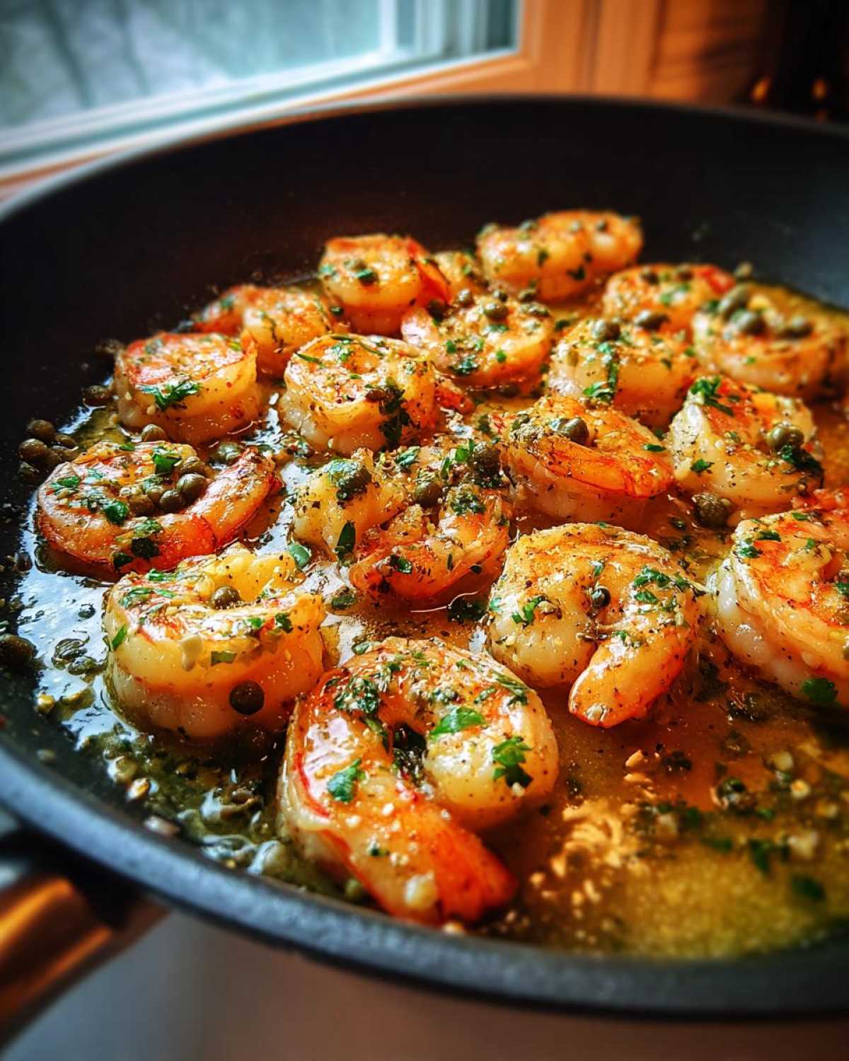 Close-up of plump shrimp sizzling in a skillet with garlic butter sauce, herbs, and capers, ready for Garlic Butter Shrimp Skillet.