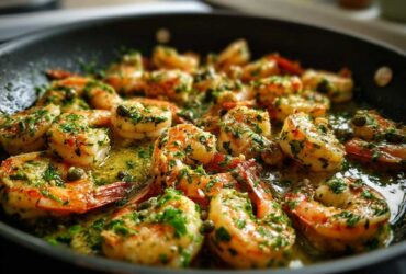 Close-up of plump shrimp sizzling in a skillet with garlic butter sauce, parsley, and capers, ready for Garlic Butter Shrimp Skillet.