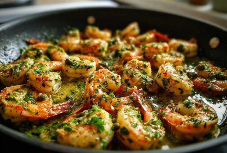 Close-up of plump shrimp sizzling in a skillet with garlic butter sauce, parsley, and capers, ready for Garlic Butter Shrimp Skillet.
