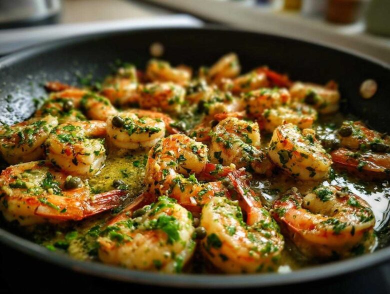 Close-up of plump shrimp sizzling in a skillet with garlic butter sauce, parsley, and capers, ready for Garlic Butter Shrimp Skillet.