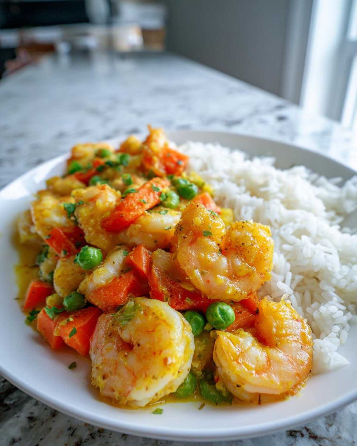 Close-up of Garlic Butter Shrimp with Rice and Veggies, featuring plump shrimp in a yellow sauce with carrots and peas.