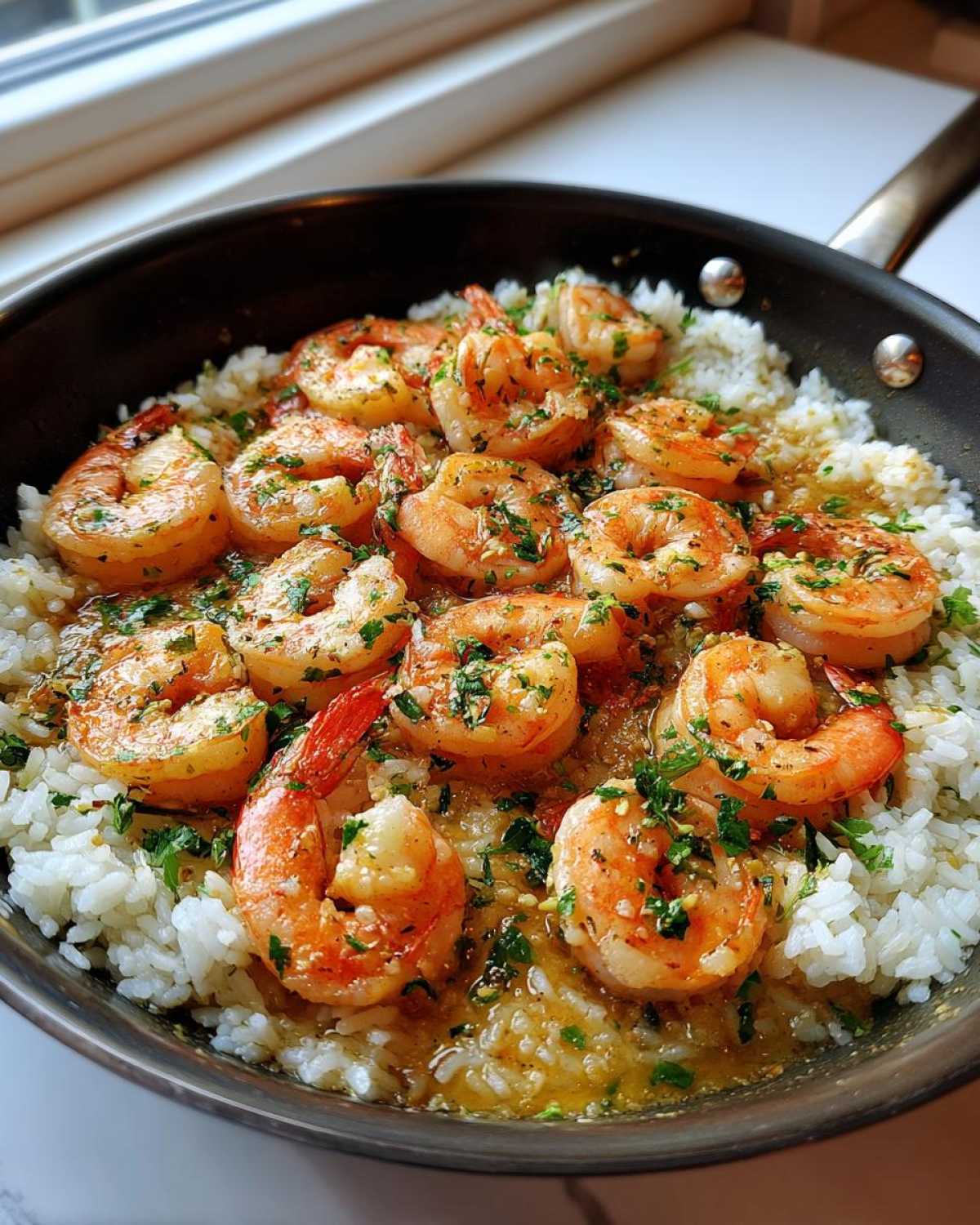 Plump shrimp coated in garlic butter sauce served over white rice in a black skillet.