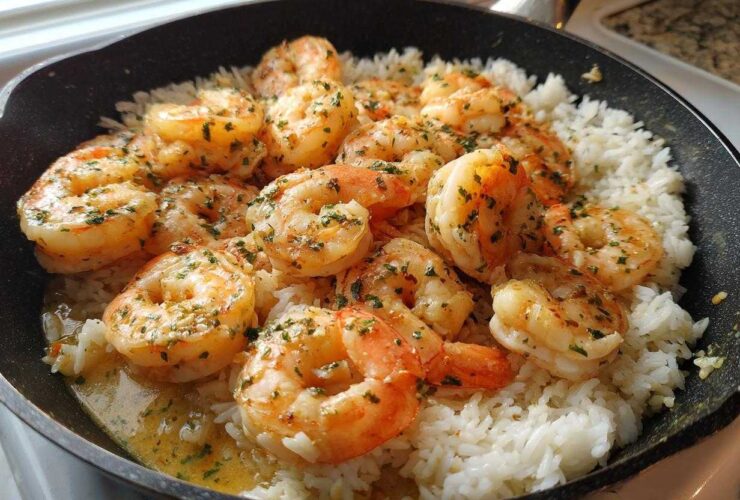 Plump, seasoned shrimp served over white rice in a black skillet, highlighting the Garlic Butter Shrimp with Rice Skillet.