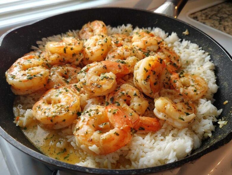 Plump, seasoned shrimp served over white rice in a black skillet, highlighting the Garlic Butter Shrimp with Rice Skillet.