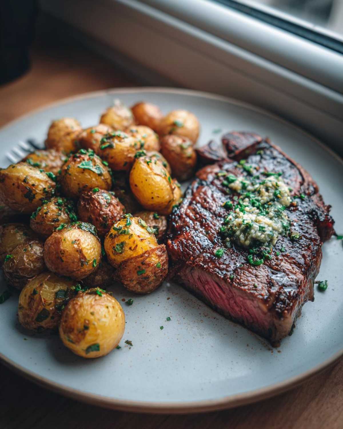 Perfectly cooked Garlic Butter Steak and Potatoes garnished with fresh herbs.