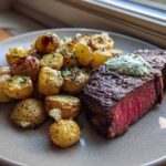 A perfectly cooked medium-rare Garlic Butter Steak and Potatoes served with a dollop of herb sauce.