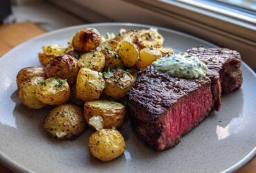 A perfectly cooked medium-rare Garlic Butter Steak and Potatoes served with a dollop of herb sauce.