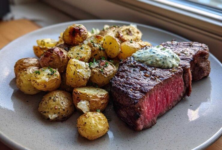 A perfectly cooked medium-rare Garlic Butter Steak and Potatoes served with a dollop of herb sauce.