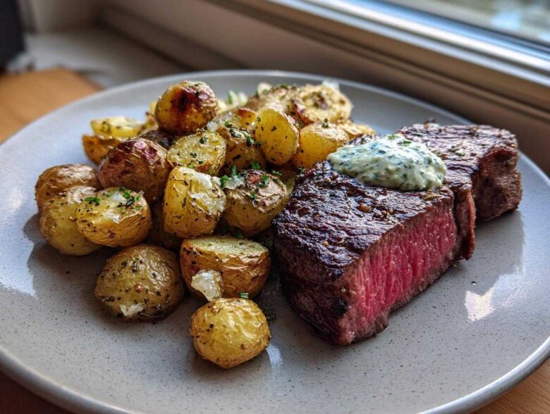 A perfectly cooked medium-rare Garlic Butter Steak and Potatoes served with a dollop of herb sauce.
