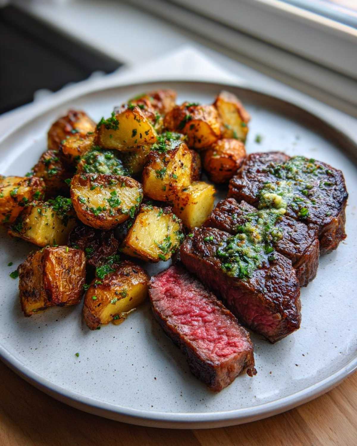 Perfectly cooked Garlic Butter Steak and Potatoes with Herb Sauce served on a light gray plate.