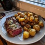 A perfectly cooked medium-rare Garlic Butter Steak and Potatoes with Herb Sauce served on a light gray plate.