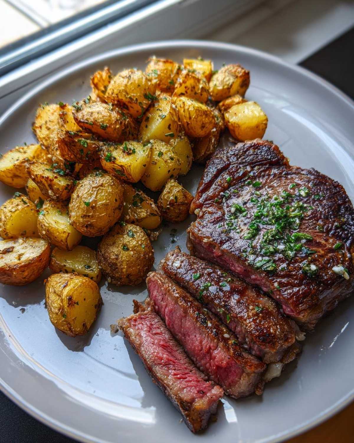 A perfectly cooked Garlic Butter Steak and Potatoes dish, featuring sliced medium-rare steak and roasted potatoes garnished with herbs.