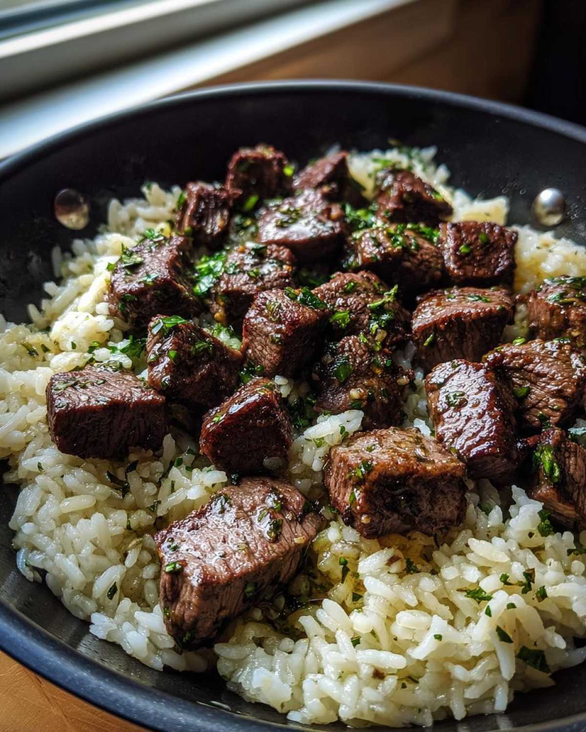 Close-up of juicy steak bites coated in garlic butter sauce served over white rice in a black skillet.