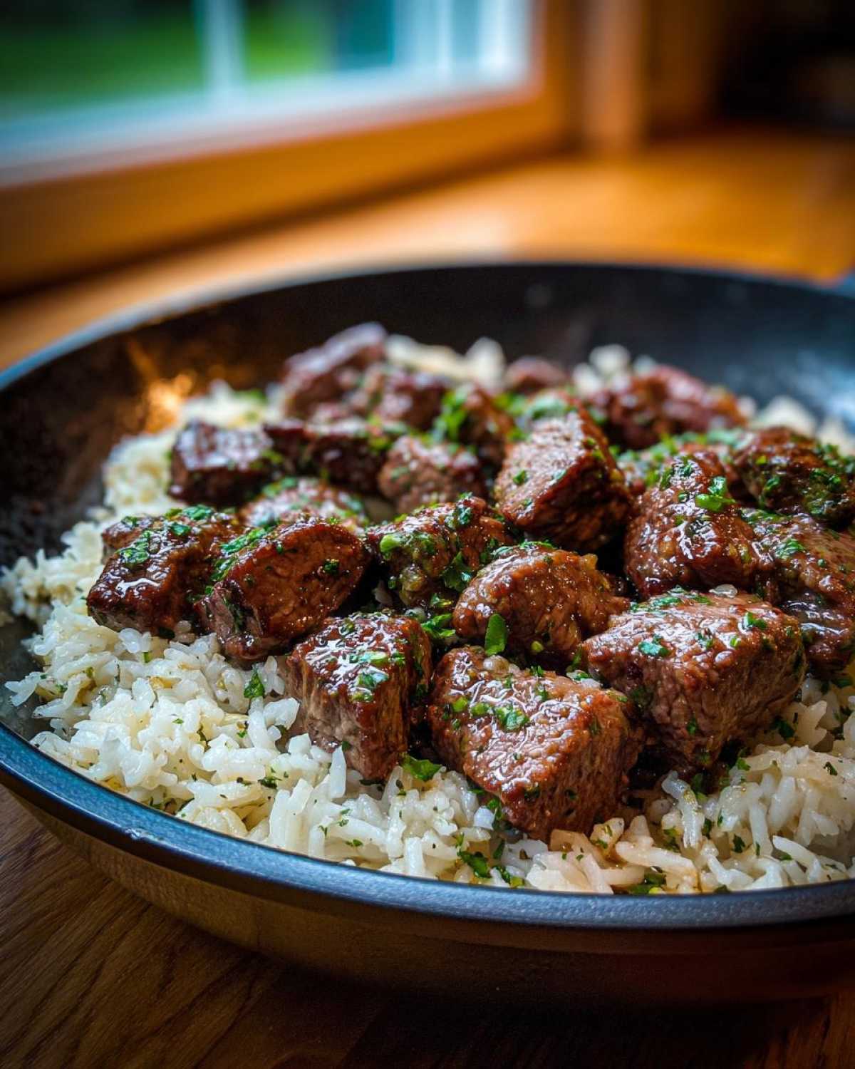 Close-up of juicy steak cubes served over white rice in a dark skillet, part of a Garlic Butter Steak and Rice Skillet Dinner.