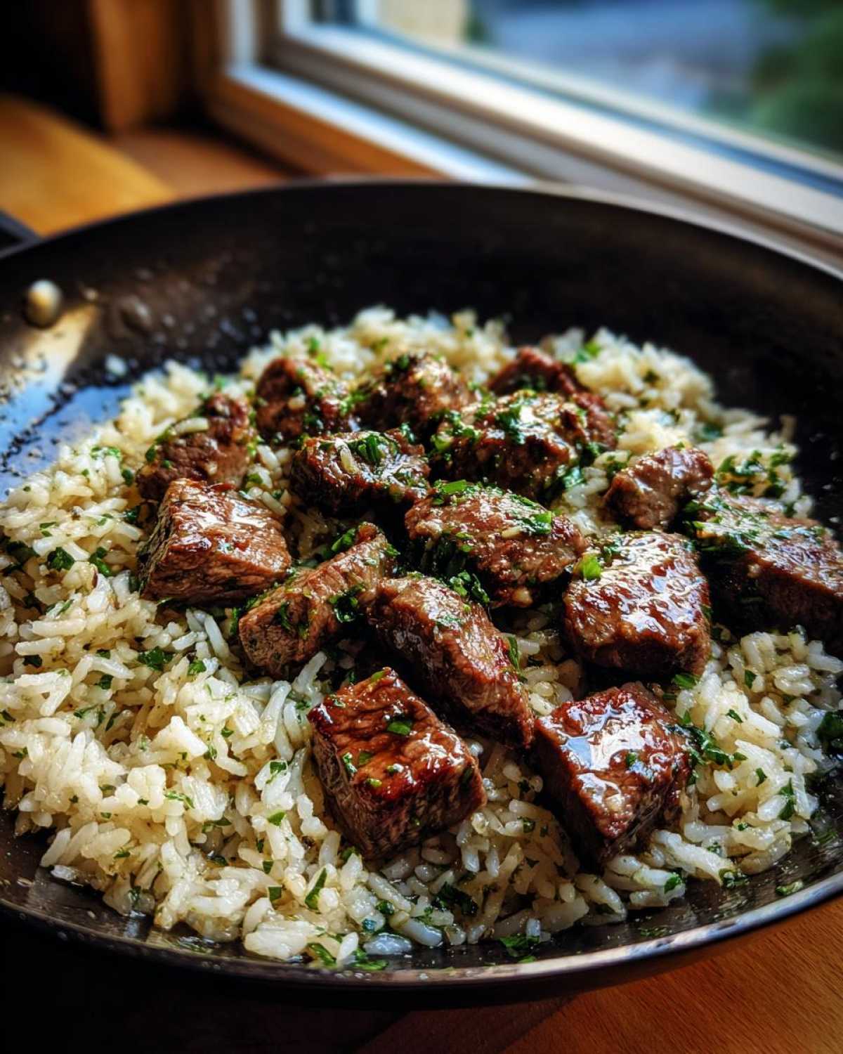 Close-up of juicy steak bites in a Garlic Butter Steak and Rice Skillet Dinner, garnished with parsley.