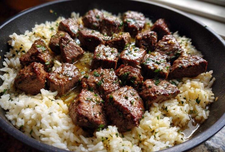 Close-up of tender steak bites coated in garlic butter sauce served over white rice in a black skillet, perfect Garlic Butter Steak and Rice Skillet Dinner.