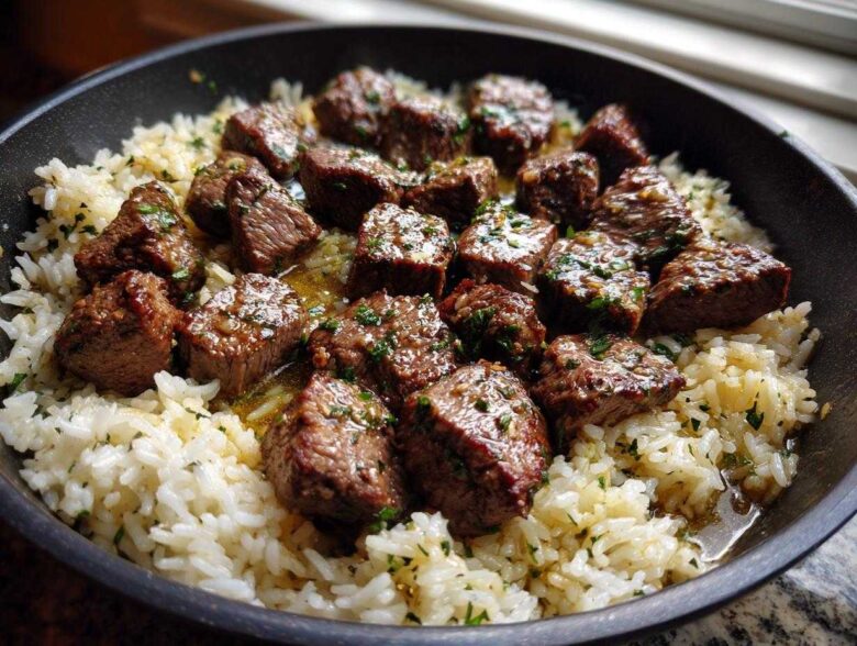 Close-up of tender steak bites coated in garlic butter sauce served over white rice in a black skillet, perfect Garlic Butter Steak and Rice Skillet Dinner.