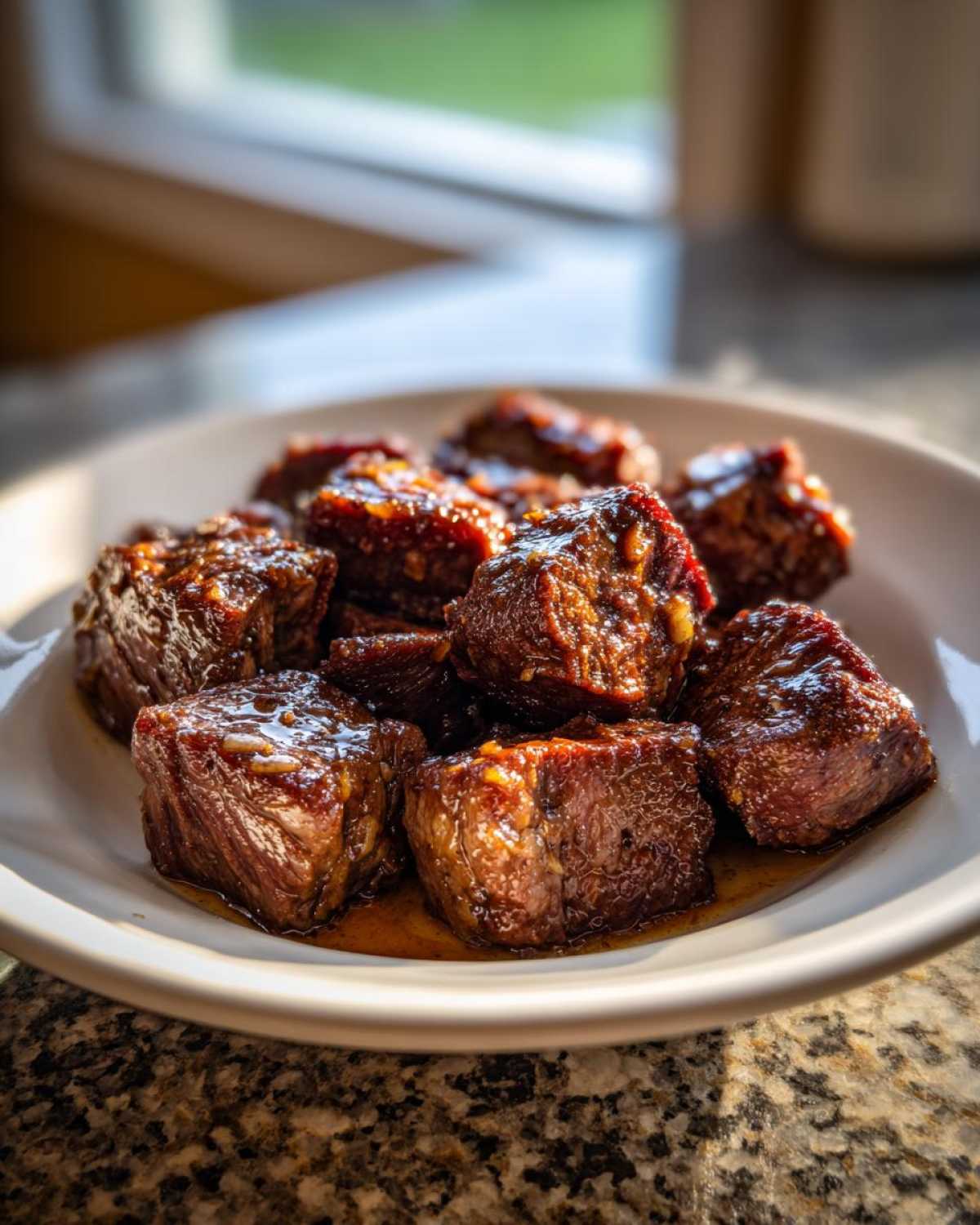 Close-up of juicy Garlic Butter Steak Bites coated in a rich sauce, served on a white plate.